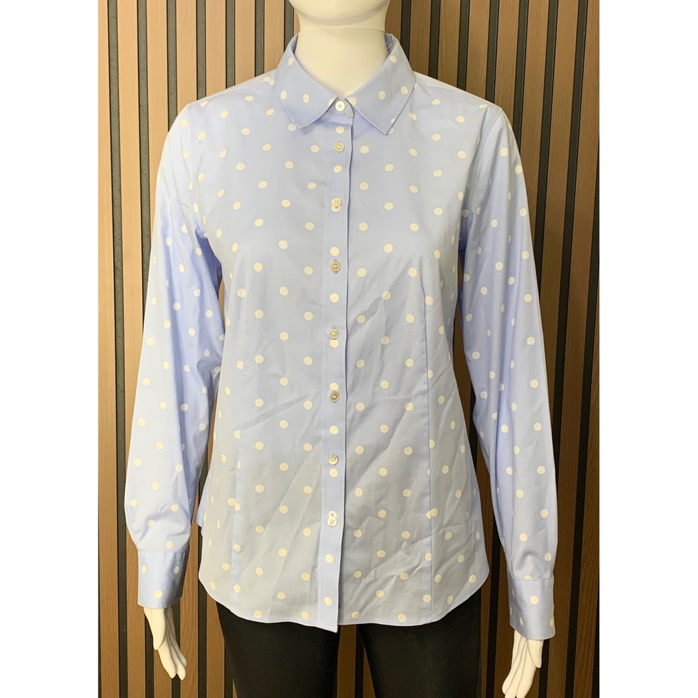 Talbots Wrinkle Resistant Polka Dot Button Down Shirt Blue White Size 4 Long